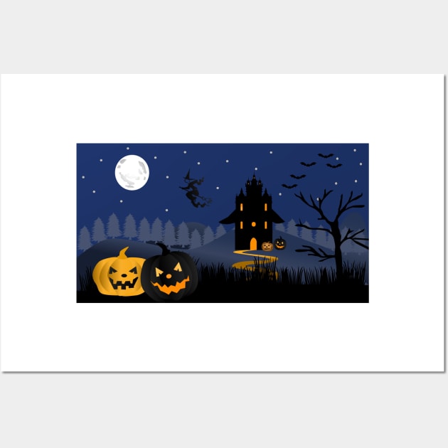 Halloween background with pumpkins, Graves, full moon, and bats stock illustration Wall Art by ikshvaku